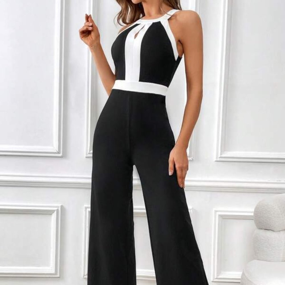 Black and White Cut Out Wide Leg Halter Jumpsuit